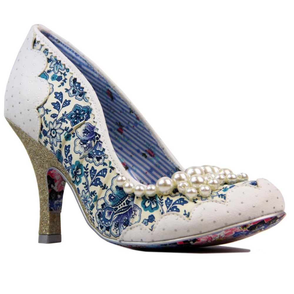Irregular Choice Floral Pearly Girl White Blue Pearl Closed Toe Heels 40 NIB